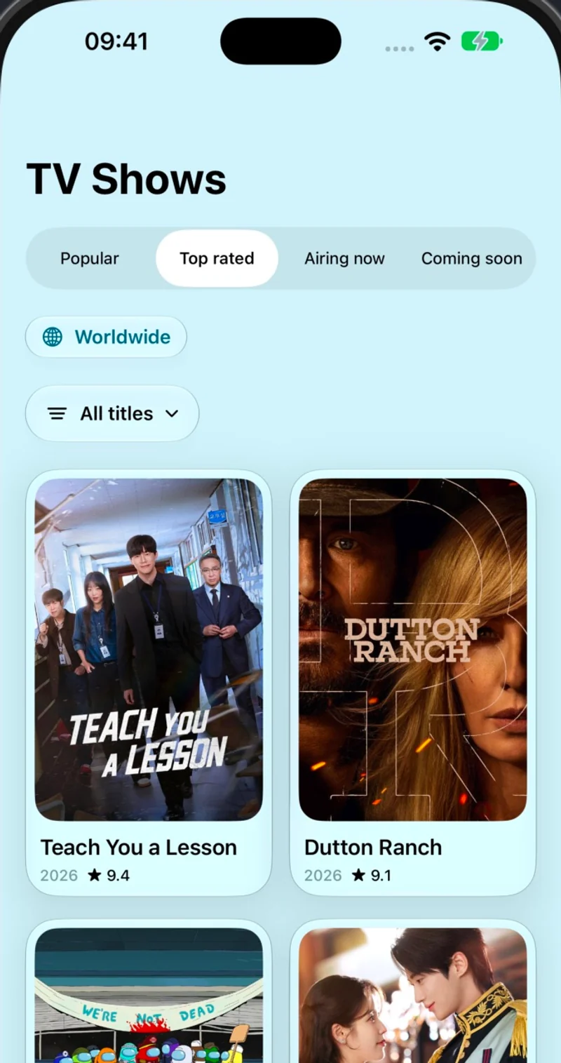 Entlo TV Shows tab with the Cyan solid in light mode