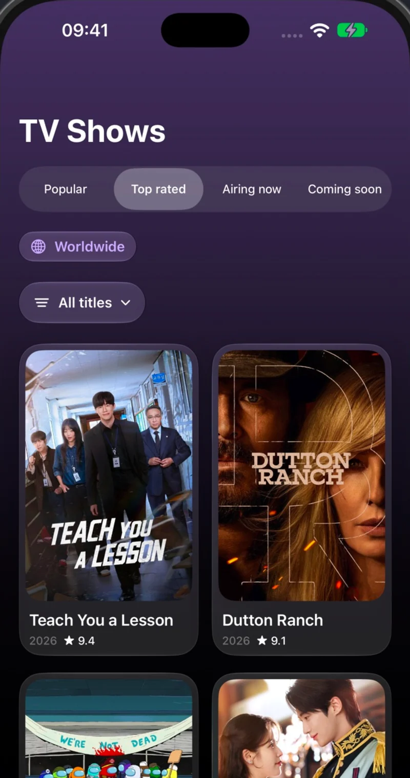 Entlo TV Shows tab with the Lavender gradient in dark mode