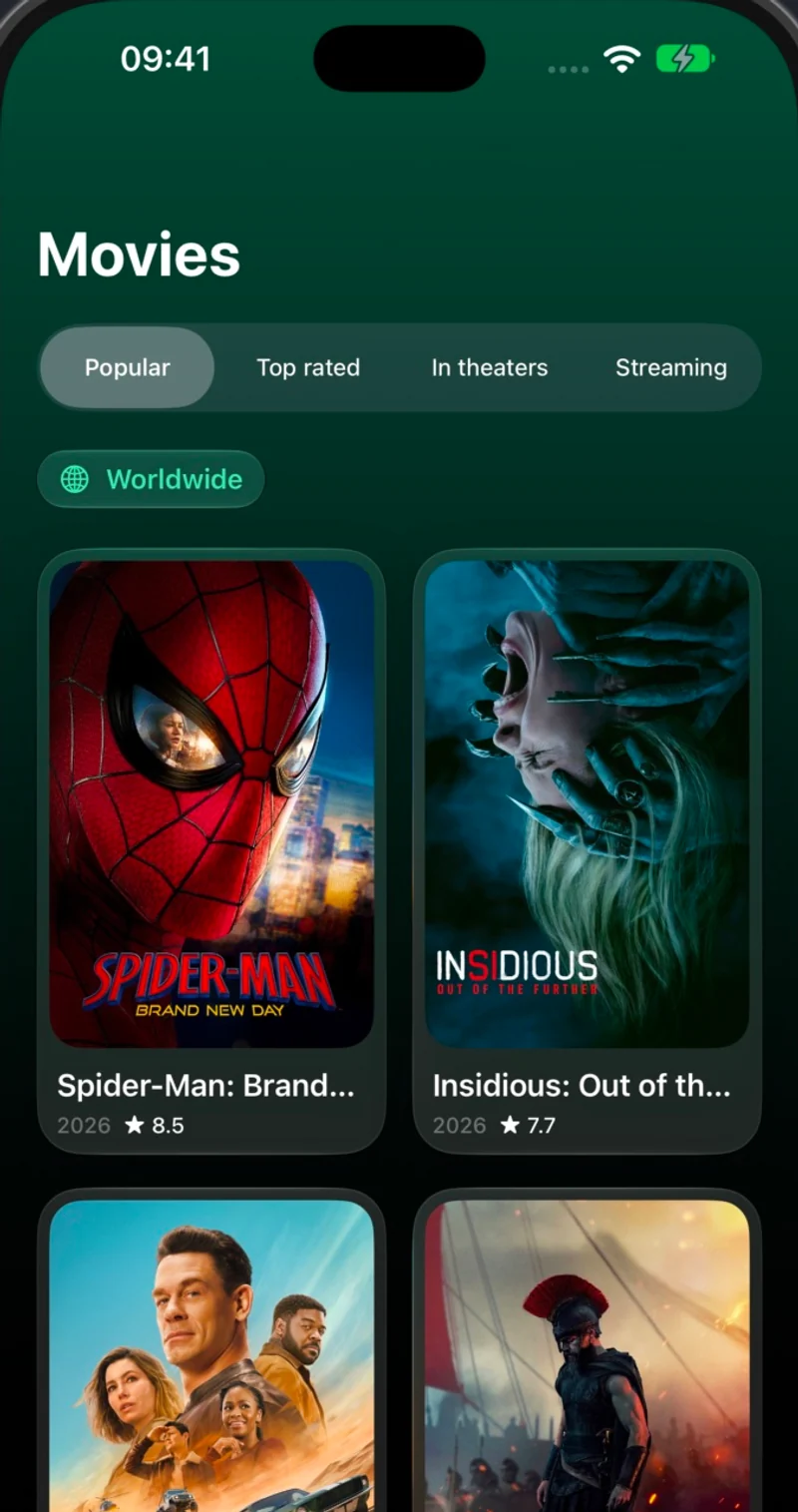 Entlo Movies tab with the Mint gradient in dark mode