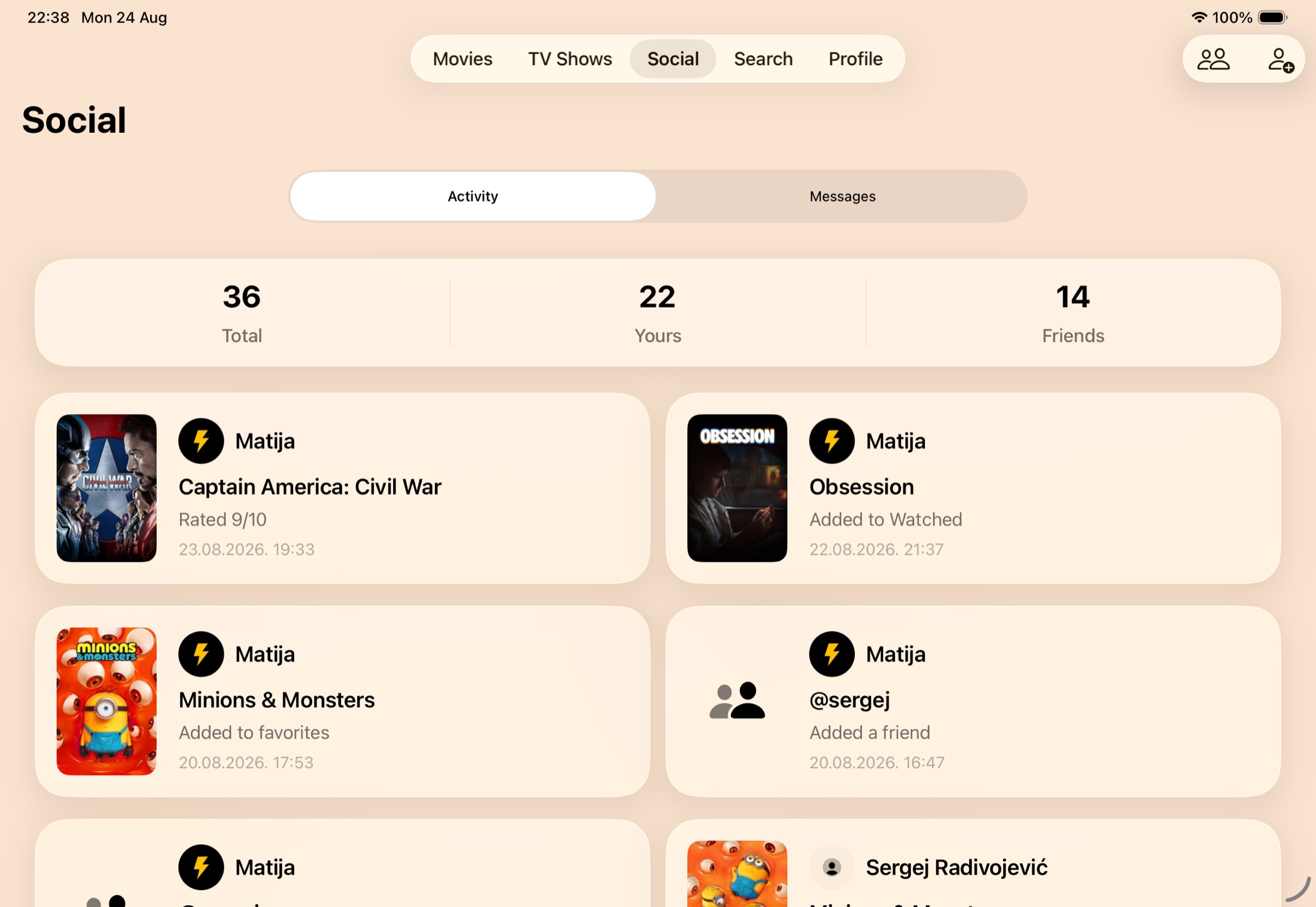 Entlo activity and ratings on iPad