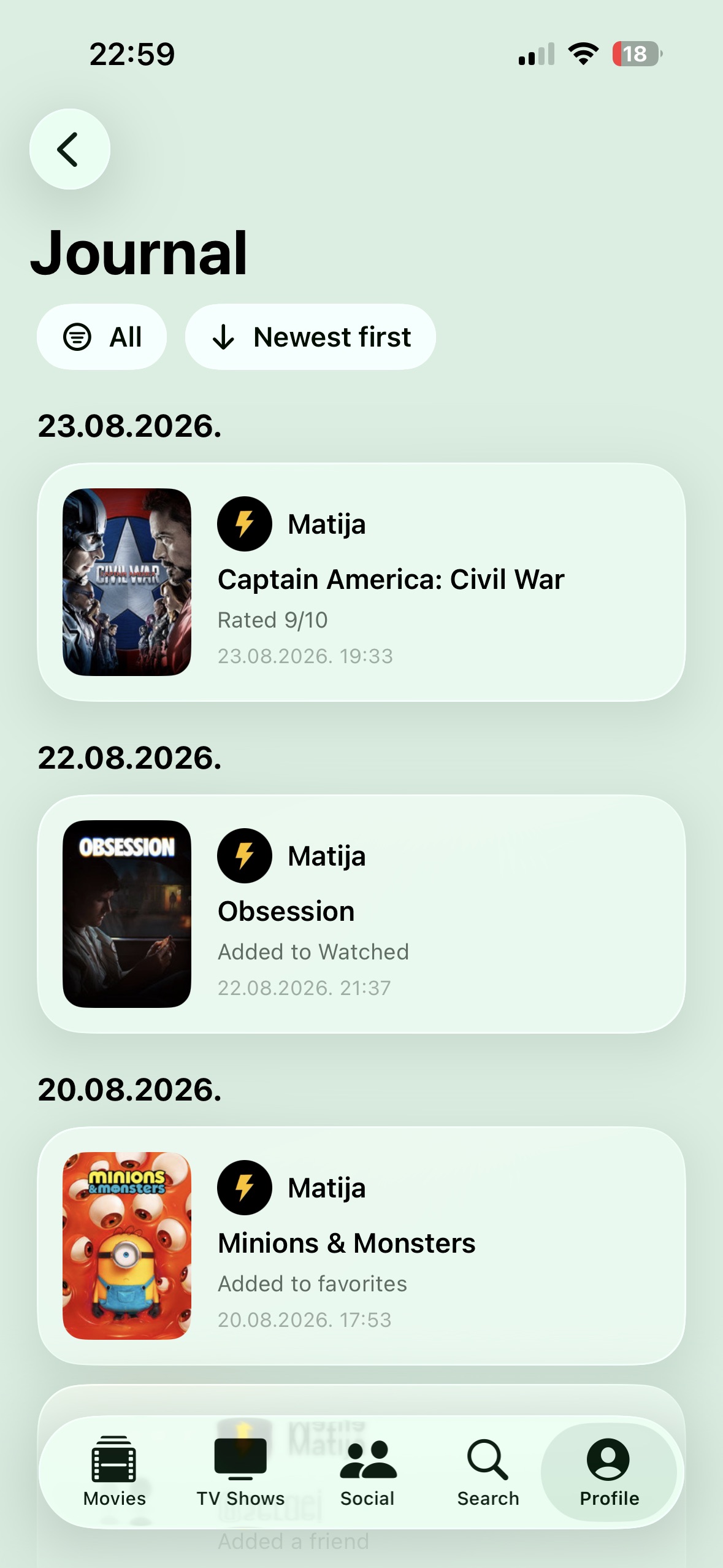The real Entlo Journal screen on iPhone