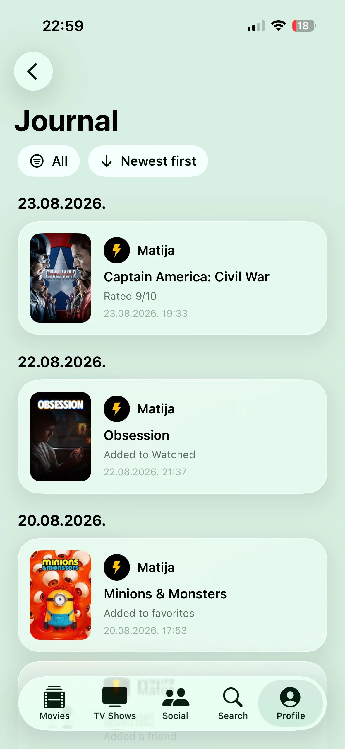 The real Entlo Journal screen on iPhone