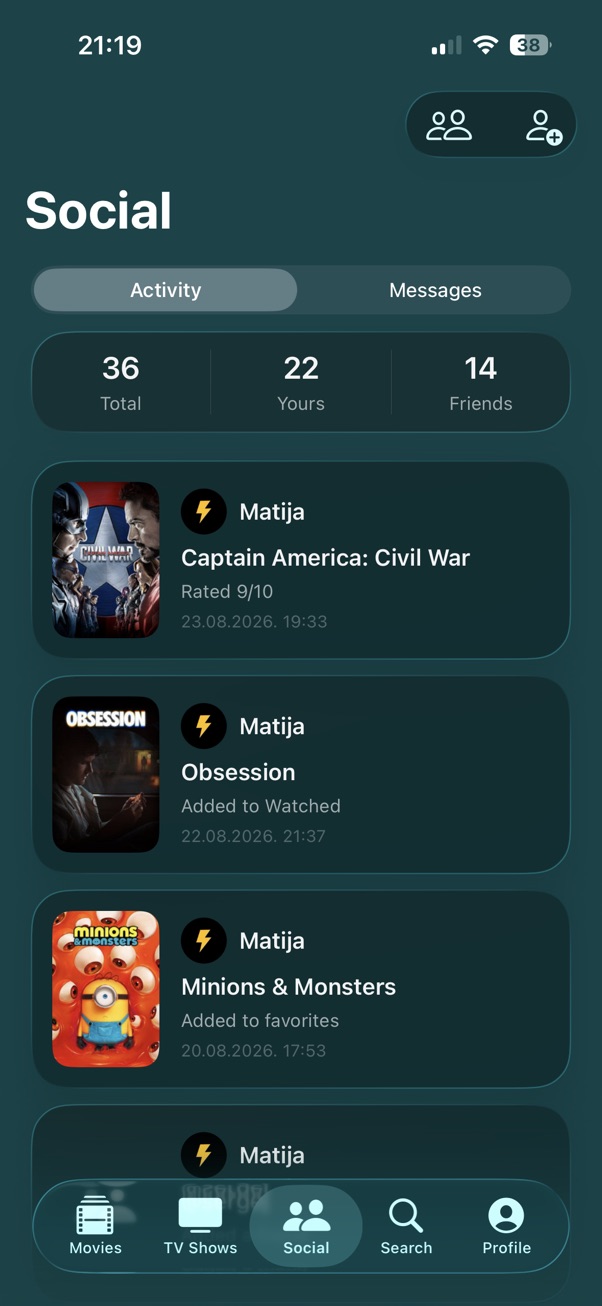 Entlo activity and ratings on iPhone