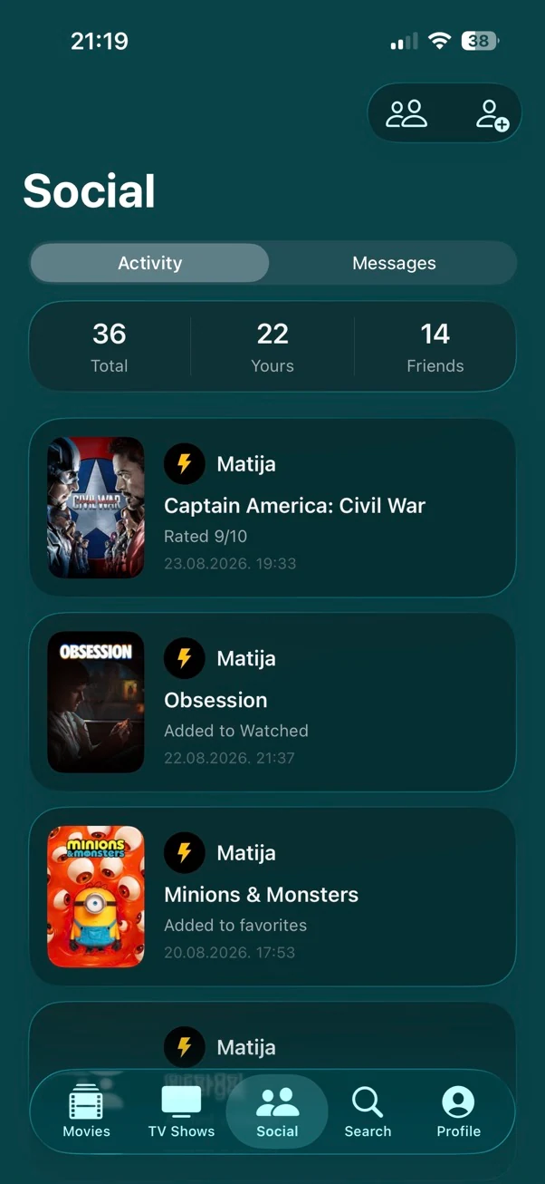 Entlo activity and ratings on iPhone